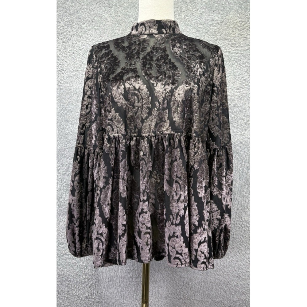 Ivy Jane Womens M Velvet Burnout Blouse Gray Paisley Sheer Whimsigoth Boho USA